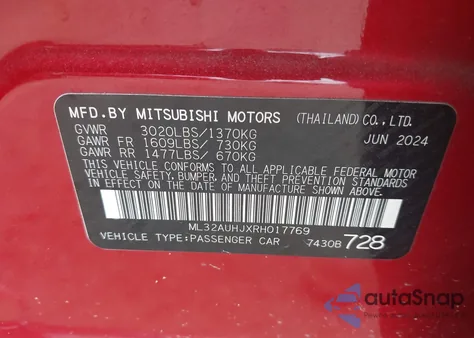 2024 Mitsubishi Mirage Es/Le from USA, damaged, VIN ML32AUHJXRH017769